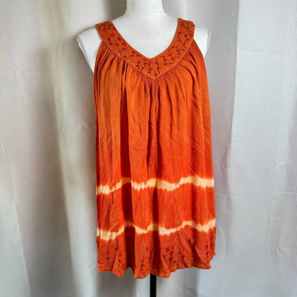 Sakkas Womens One Size Orange Tie Dye Tunic Tank Top Boho Green Embroidered EUC